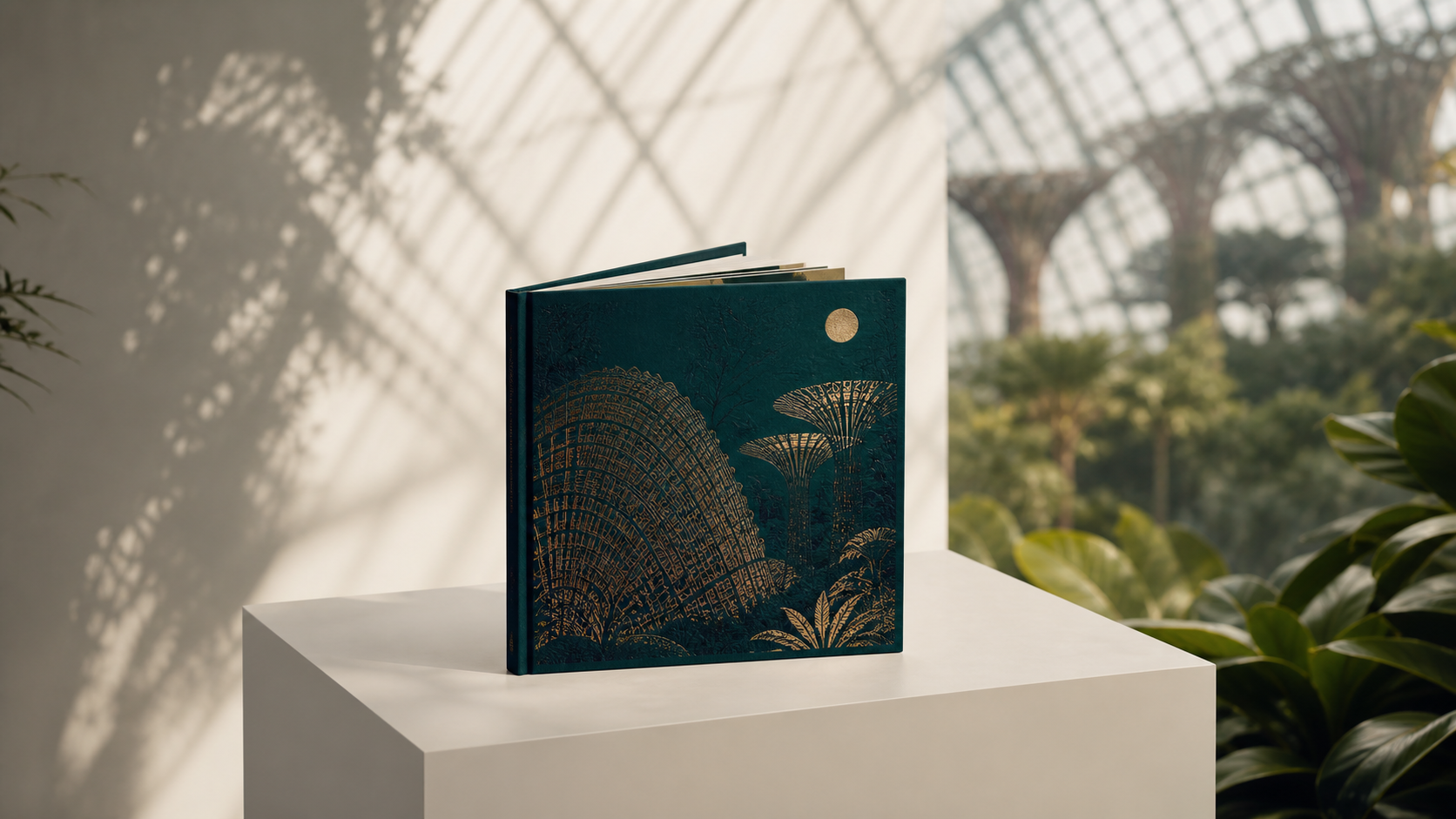 Premium People in the Gardens photography book mockup on a clean plinth with botanical glasshouse atmosphere